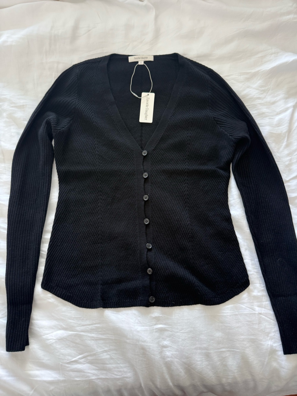 Favorite Daughter Black Ribbed V-Neck Button Cardigan